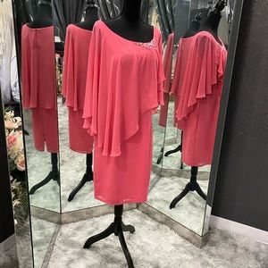 Mon Cheri Capri Coral Chiffon Short Mother of the Bride Dress